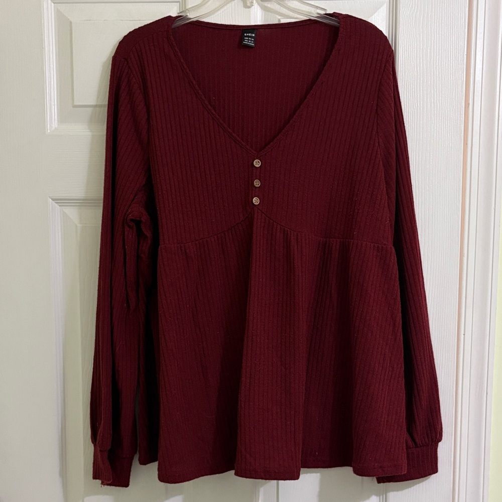 SHEIN Deep Red Buttoned V-Neck Blouse